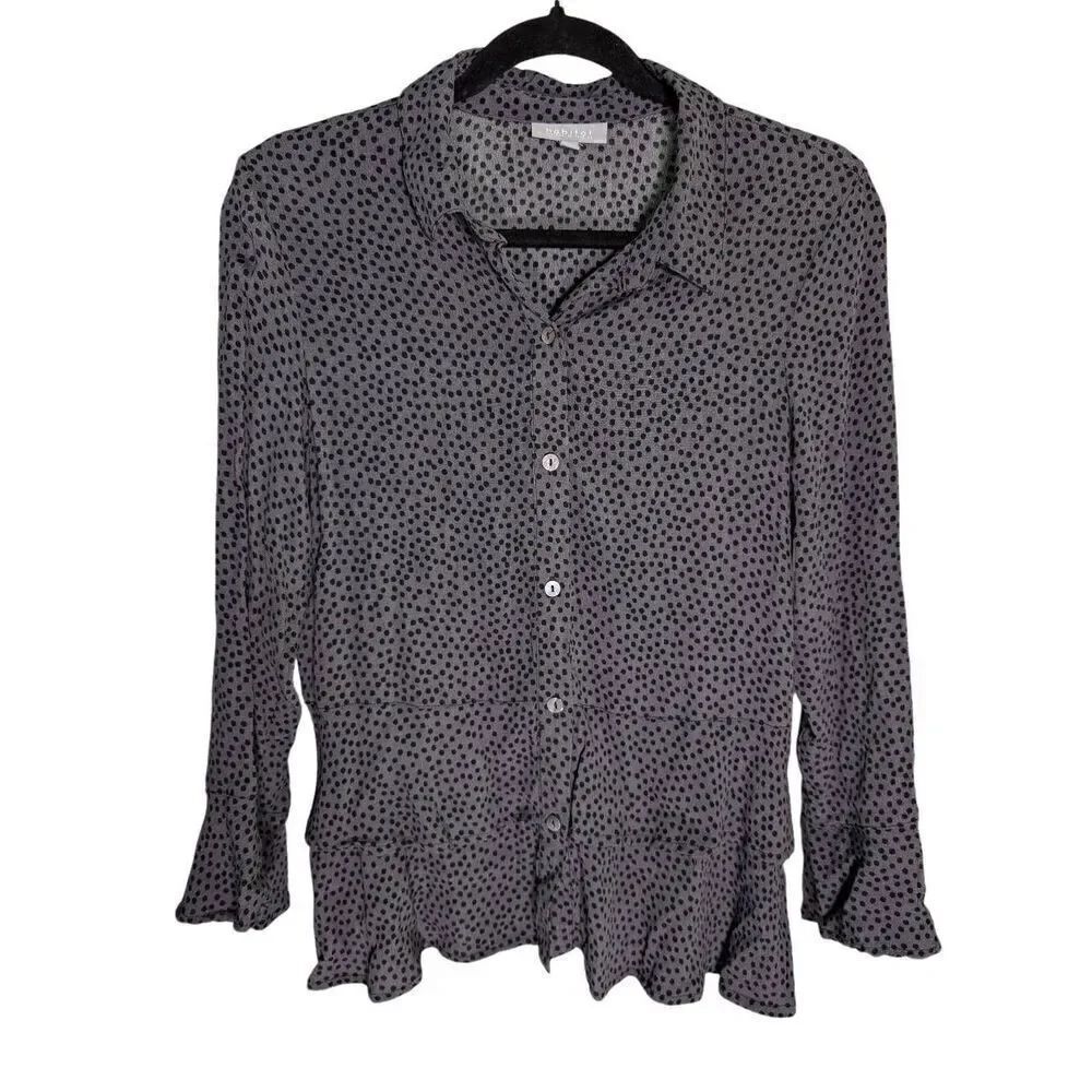 HABITAT Button Front Long Ruffle Cuff Sleeve Gray + Black Polka Dot Top Women's